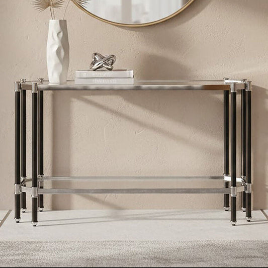 Silver and Black Chrome Finish Console Table with Clear Tempered Glass Top, Allessi