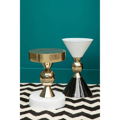 Gold and Black Metal Angular Side Table with White and Black Top and Rounded Base | Martini