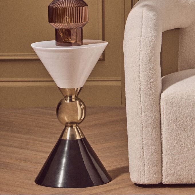 Gold and Black Metal Angular Side Table with White and Black Top and Rounded Base | Martini