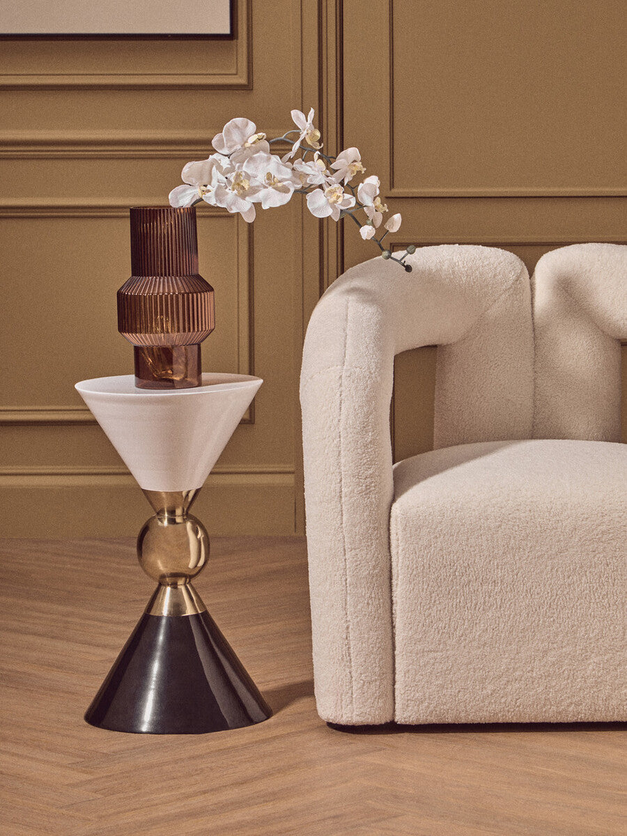 Gold and Black Metal Angular Side Table with White and Black Top and Rounded Base | Martini