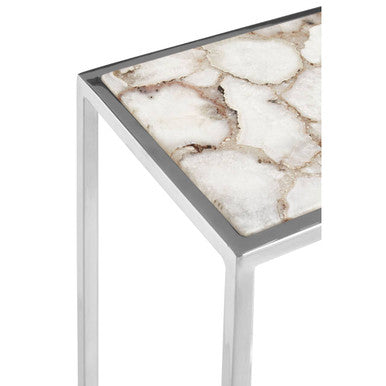 White and Silver Finish Semi-Precious Agate Side Table with Banded Pattern, Vita