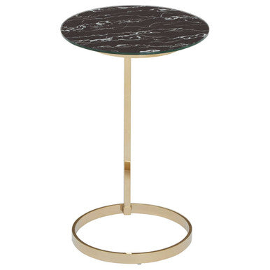 Gold Open Circular Base End Table with Black Marble Effect Glass Top | Oria