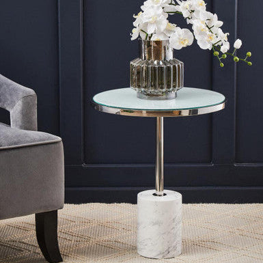 Silver Frame T-Shape End Table with White Marble Top | Oria