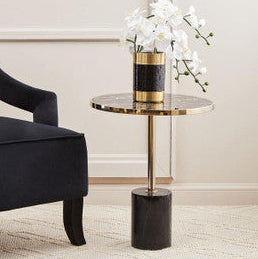 Gold Frame T-Shape End Table with Black Marble Top, Oria