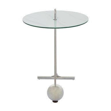 White Marble Effect Glass Top Round End Table, Oria