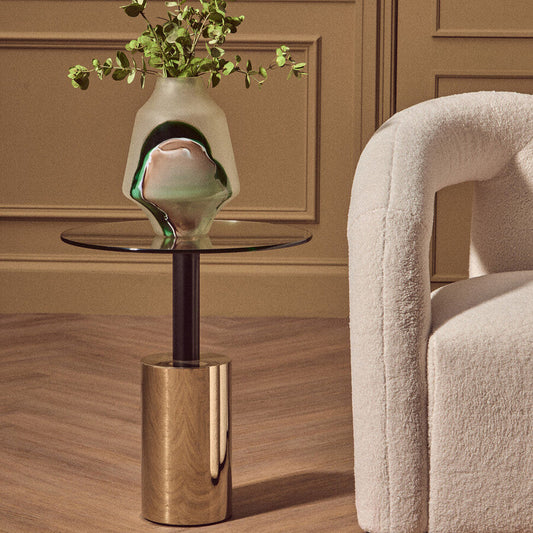 Black and Gold Powder-Coated T-Shape End Table with Clear Glass Top, Oria