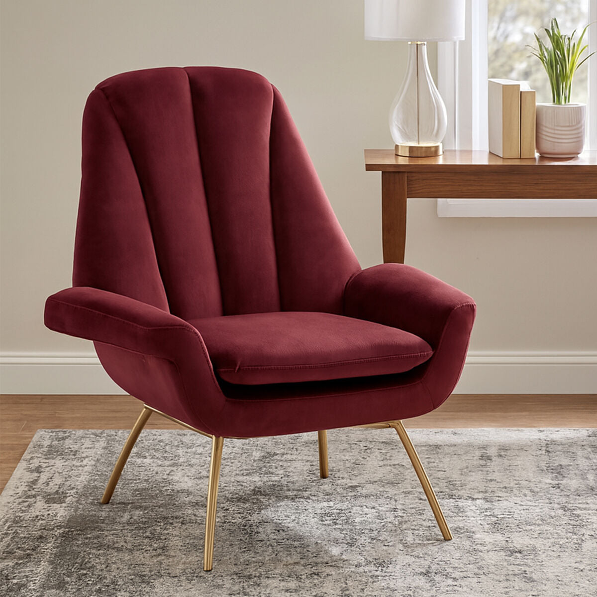 Billi Wine Velvet Lounge Chair with Button Tufting