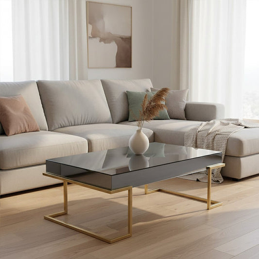 Mirrored Rectangular Coffee Table in Gold and Grey Finish, Kaso