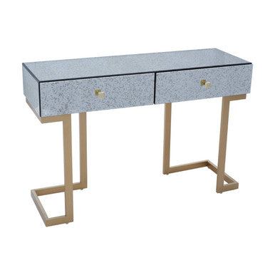 Antique Mirrored Top Console Table with Two Drawers and Brass Finish Iron Stand, Kesena