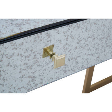 Antique Mirrored Top Console Table with Two Drawers and Brass Finish Iron Stand, Kesena