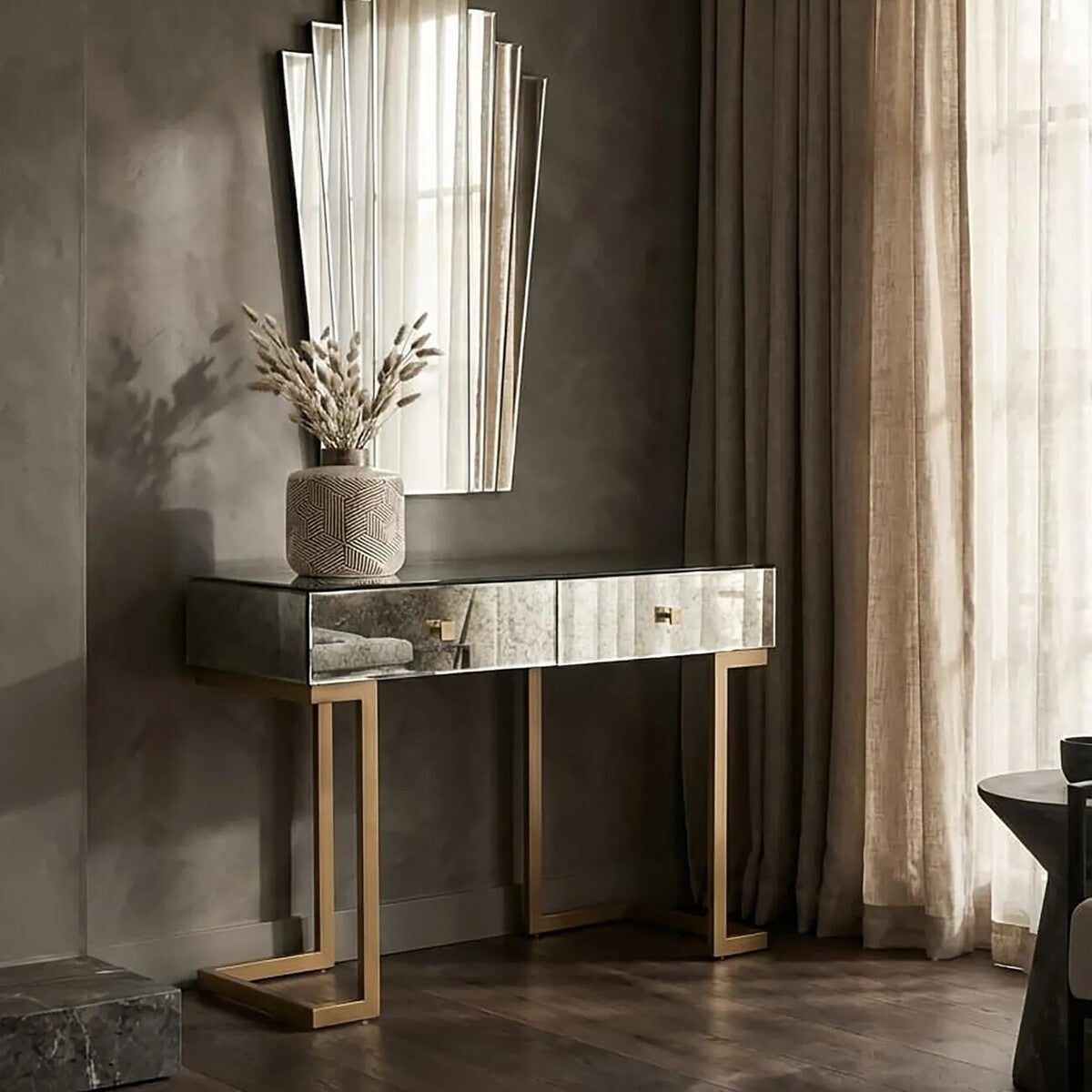 Antique Mirrored Top Console Table with Two Drawers and Brass Finish Iron Stand, Kesena