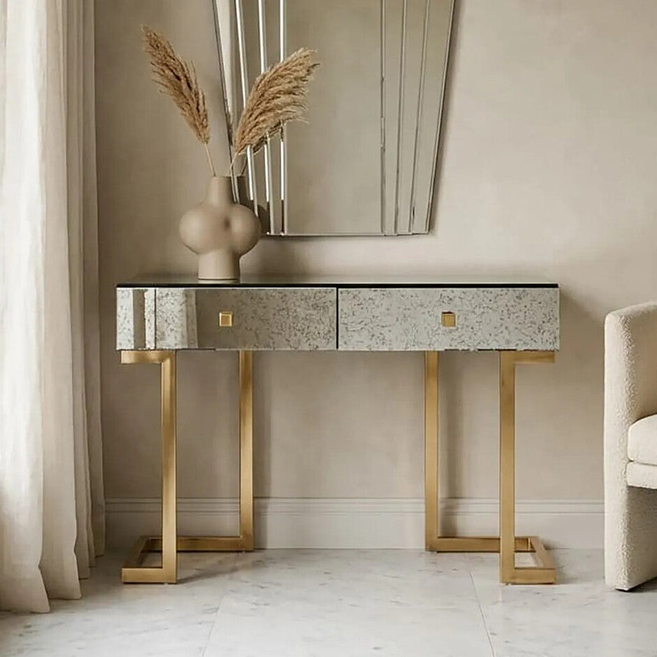 Antique Mirrored Top Console Table with Two Drawers and Brass Finish Iron Stand, Kesena