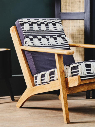 Cefena Black and White Shaggy Fabric Lounge Chair with Mango Wood Frame