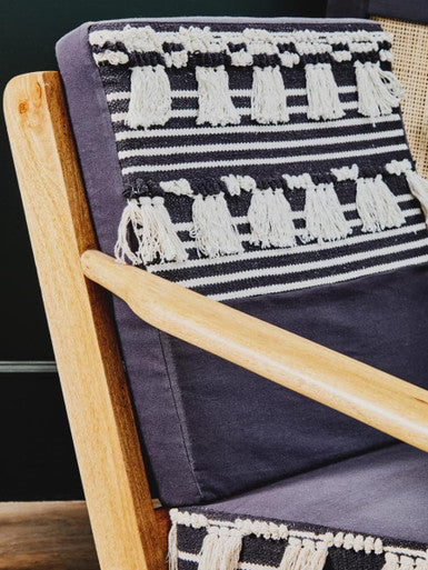 Cefena Black and White Shaggy Fabric Lounge Chair with Mango Wood Frame
