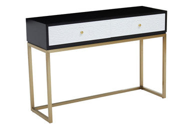Black and White 2 Drawers Warm Metallic Finish Console Table with Gold Knob Handle, Dumas
