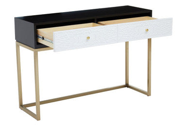 Black and White 2 Drawers Warm Metallic Finish Console Table with Gold Knob Handle, Dumas