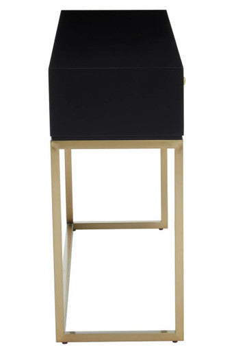 Black and White 2 Drawers Warm Metallic Finish Console Table with Gold Knob Handle, Dumas