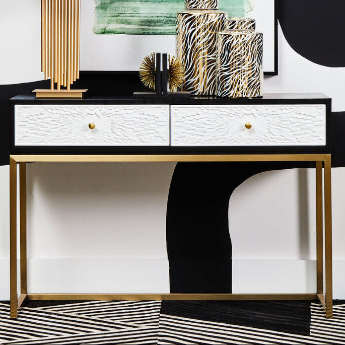 Black and White 2 Drawers Warm Metallic Finish Console Table with Gold Knob Handle, Dumas