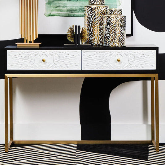 Black and White 2 Drawers Warm Metallic Finish Console Table with Gold Knob Handle, Dumas