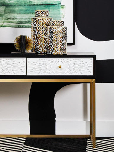 Black and White 2 Drawers Warm Metallic Finish Console Table with Gold Knob Handle, Dumas