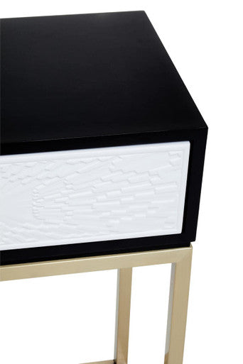 Black and White 2 Drawers Warm Metallic Finish Console Table with Gold Knob Handle, Dumas