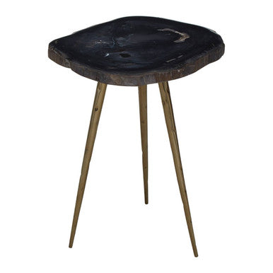 Brown Petrified Wood Top Side Table with Brass Finish Angular Legs | Relic