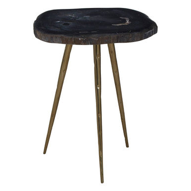 Brown Petrified Wood Top Side Table with Brass Finish Angular Legs | Relic