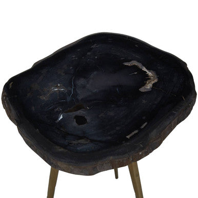 Brown Petrified Wood Top Side Table with Brass Finish Angular Legs | Relic