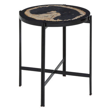 Black Petrified Wood Top Side Table with Cross-Base Legs | Relic