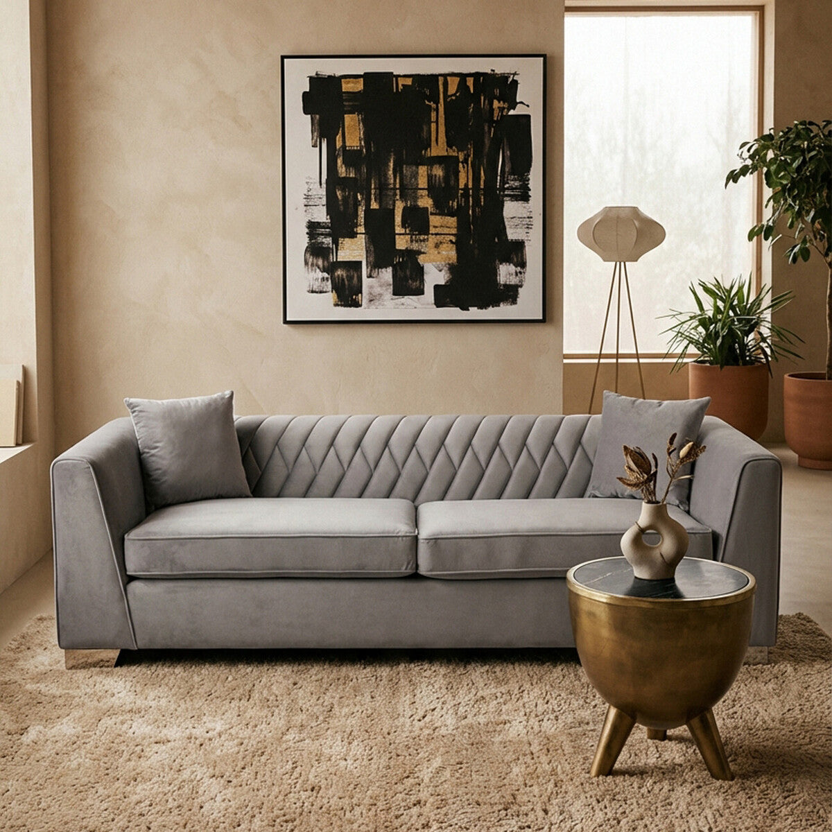 3 Seater Grey Velvet Sofa | Rashika