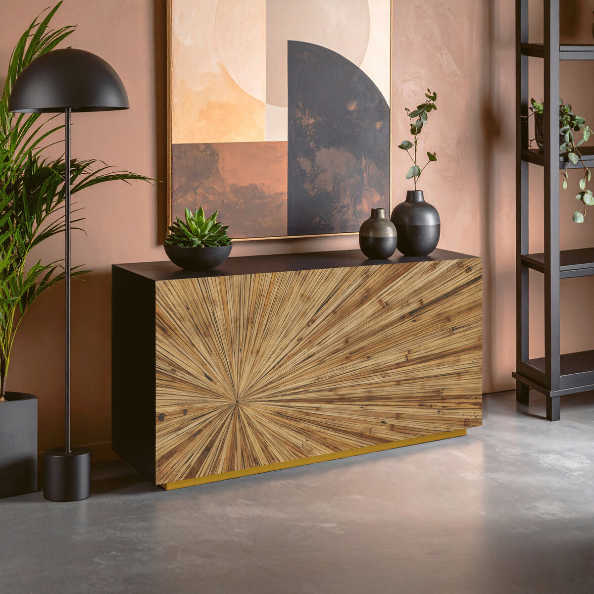 Brown and Gold Ebony Bamboo Sunburst Top Console Table with Clean-Lined, Gabelle