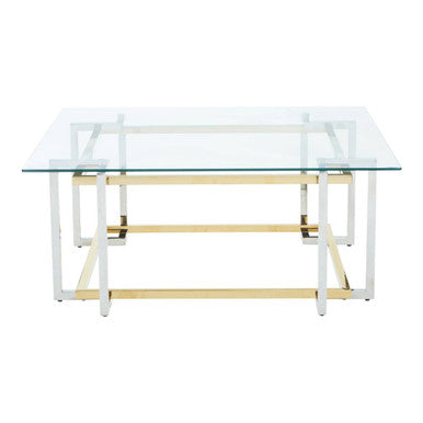 Clear Tempered Glass Top Coffee Table with Silver and Gold Stainless Steel Base | Elino