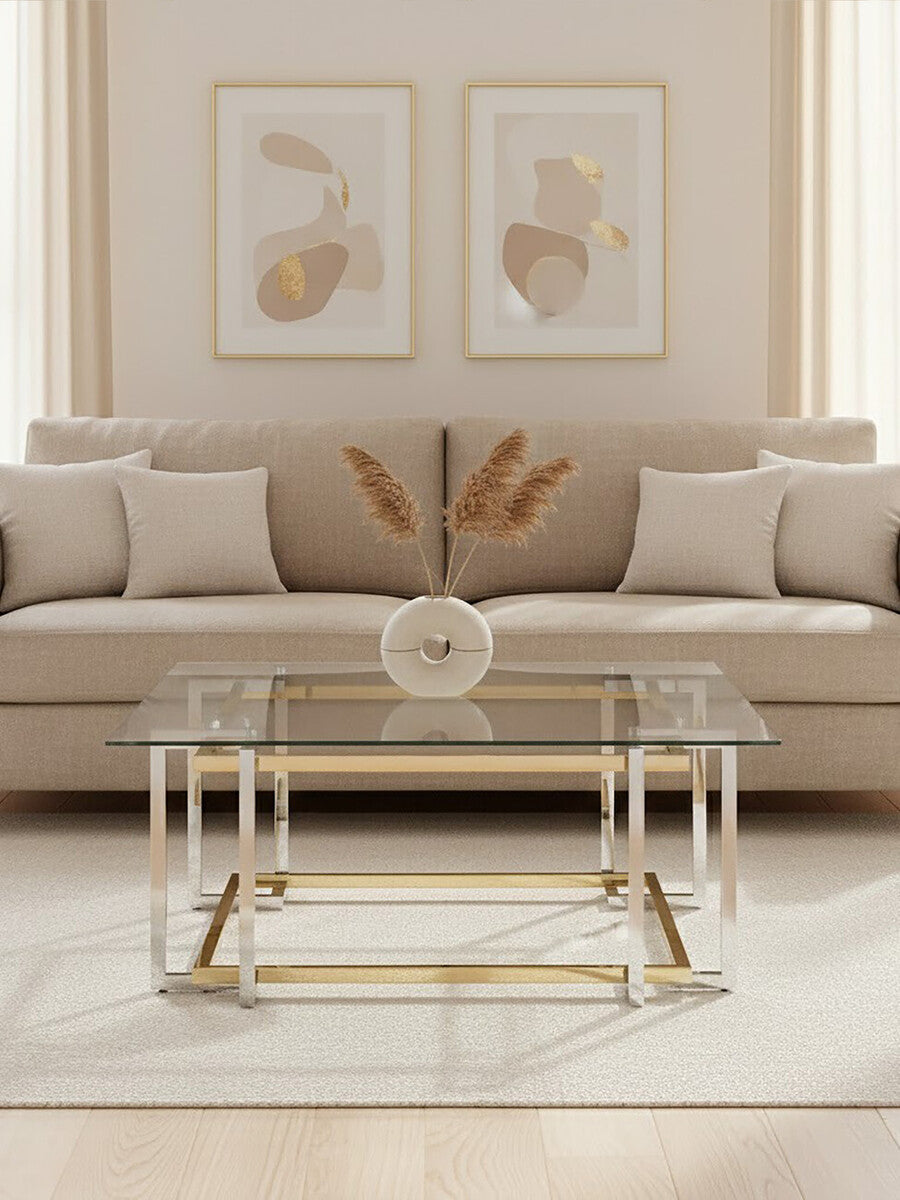 Clear Tempered Glass Top Coffee Table with Silver and Gold Stainless Steel Base | Elino