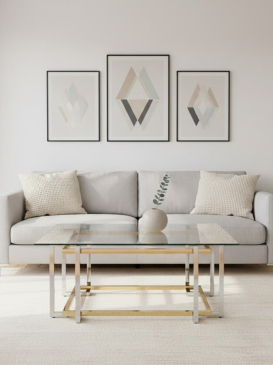 Clear Tempered Glass Top Coffee Table with Silver and Gold Stainless Steel Base | Elino