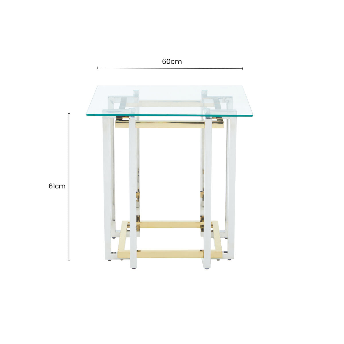 Clear Tempered Glass Top Side Table with Silver and Gold Stainless Steel Base | Elino