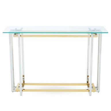 Clear Tempered Glass Top Console Table with Silver and Gold Stainless Steel Base, Elino