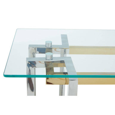 Clear Tempered Glass Top Console Table with Silver and Gold Stainless Steel Base | Elino