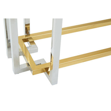 Clear Tempered Glass Top Console Table with Silver and Gold Stainless Steel Base | Elino