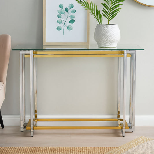 Clear Tempered Glass Top Console Table with Silver and Gold Stainless Steel Base, Elino