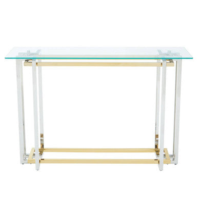 Clear Tempered Glass Top Console Table with Silver and Gold Stainless Steel Base | Elino