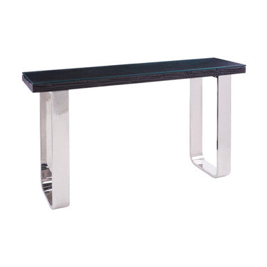 Black Wood and Clear Glass Top Console Table with Silver U-Shaped Metal Legs, Kerala