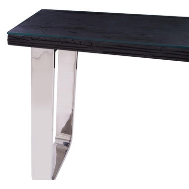 Black Wood and Clear Glass Top Console Table with Silver U-Shaped Metal Legs, Kerala