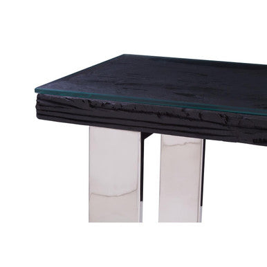 Black Wood and Clear Glass Top Console Table with Silver U-Shaped Metal Legs, Kerala