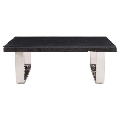 Black Wood and Clear Glass Top Coffee Table with Silver U-Shaped Metal Legs, Kerala