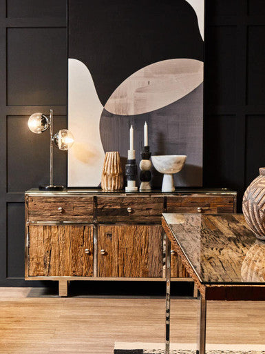 Natural Wood and Clear Glass Top Dining Table with Silver U-Shaped Metal Legs, Kerala