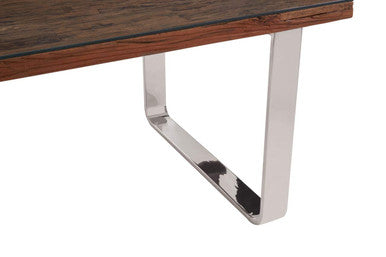 Natural Wood and Clear Glass Top Dining Table with Silver U-Shaped Metal Legs, Kerala