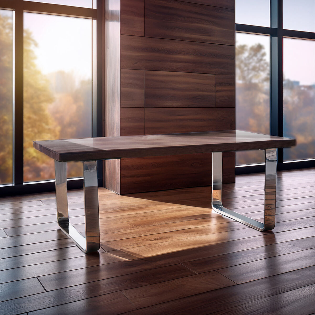 Natural Wood and Clear Glass Top Dining Table with Silver U-Shaped Metal Legs | Kerala