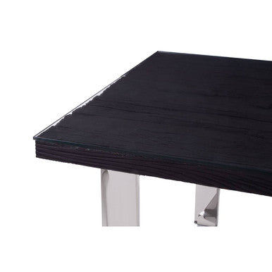 Large Black Pinewood and Clear Glass Top Dining Table with Silver U-Shaped Metal Legs, Kerala