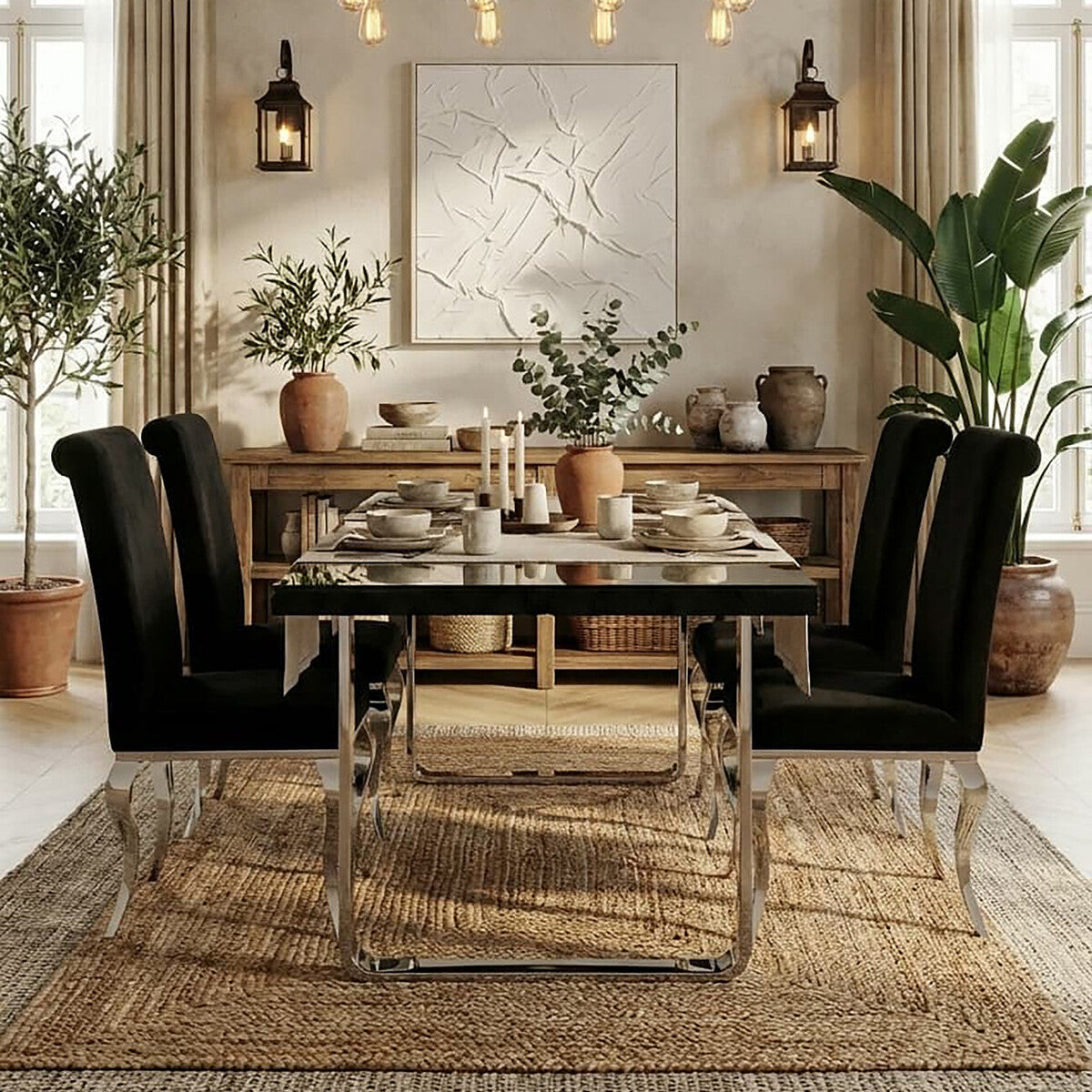 Large Black Pinewood and Clear Glass Top Dining Table with Silver U-Shaped Metal Legs, Kerala