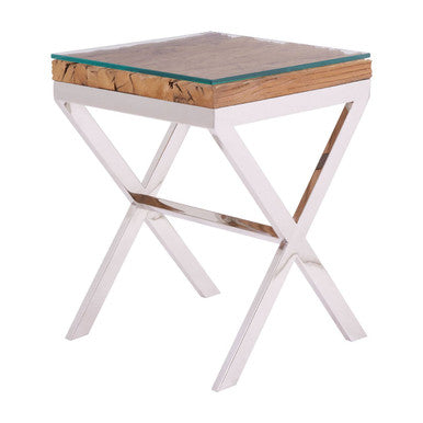 Natural Sal Wood and Clear Glass Top Side Table with White Crossed Legs, Kerala